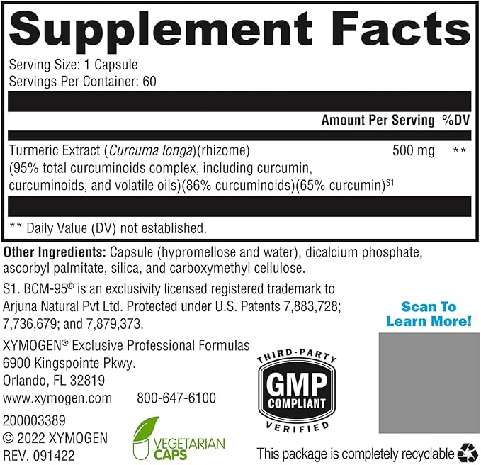 XYMOGEN CurcuPlex-95 - Turmeric Curcumin Supplements with Enhanced Bioavailability - Daily Brain Support Supplement (60 Vegan Turmeric Capsules)