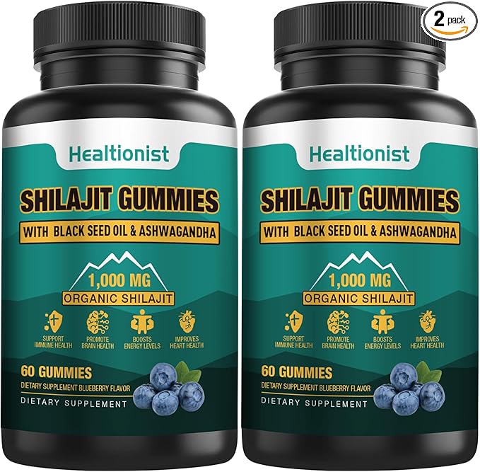 2 Packs 1000 MG Shilajit Supplement Gummies with 85+ Trace Minerals, Fulvic Acid, Pure Organic Shilajit Himalayan Gummy for Men & Women, Energy, Brain, Immunity Suport - 120 Counts