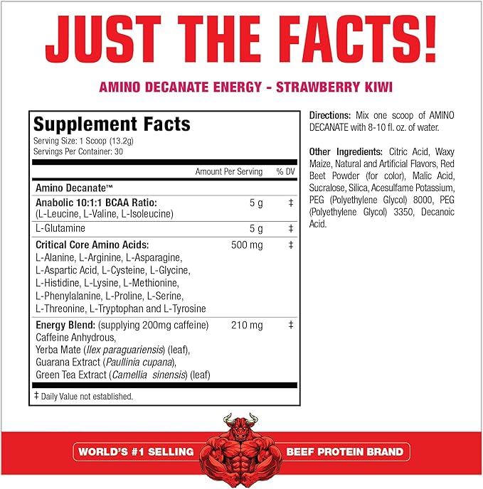 MuscleMeds Amino DECANATE Energy, Pre, Intra Workout Drink, Essential Amino Acids, BCAAs, High Leucine, Glutamine, Muscle Recovery, Strawberry Kiwi, 30 Servings