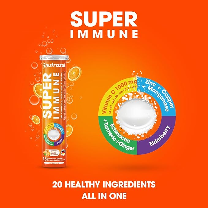 nutrazul Super Immune Effervescent Tablets | Maintains Immune Function & Antioxidant Support | 20 Vitamins, Minerals and Herbs | Orange Flavour | 30 Tablets