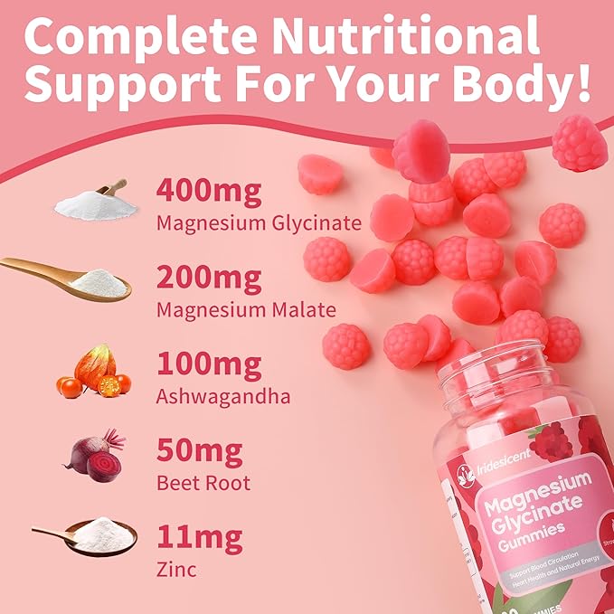 Magnesium Glycinate Gummies 400mg, Sugar Free Magnesium Supplement w/Ashwagandha, Zinc, Vegan Magnesium Glycinate Supplement for Adults - 120 Strawberry Gummies
