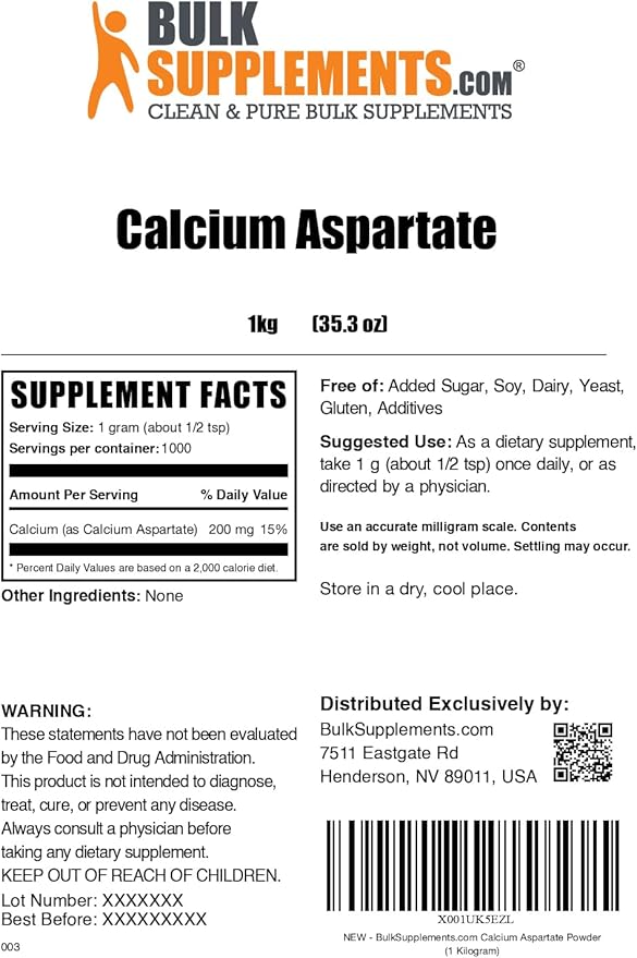 BulkSupplements.com Calcium Aspartate Powder - Calcium Supplement Powder, Essential Nutrient - Gluten Free, 1g per Serving, 1kg (2.2 lbs) (Pack of 1)