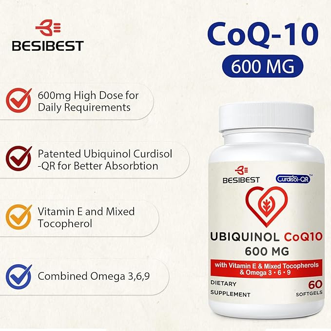Ubiquinol CoQ10-600mg-Softgel, Active Coq10 Ubiquinol Supplement with Vitamin E & Omega 3, 6, 9, High Absorption-Coenzyme-Q10, Powerful Antioxidant for Energy Production, Tested, 180 Count