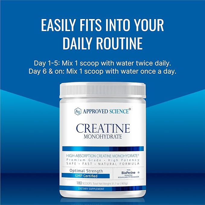 Approved Science Creatine Monohydrate Powder with BioPerine - Supports Lean Muscle Growth and Recovery - 180 Servings - 5g Per Serving - Unflavored - Non-GMO, Vegan