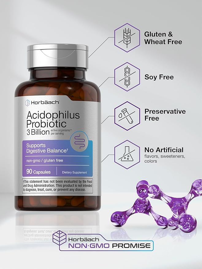 Horbäach Probiotic for Women & Men's Digestive Health | 3 Billion CFU | 90 Capsules | Non-GMO & Gluten Free