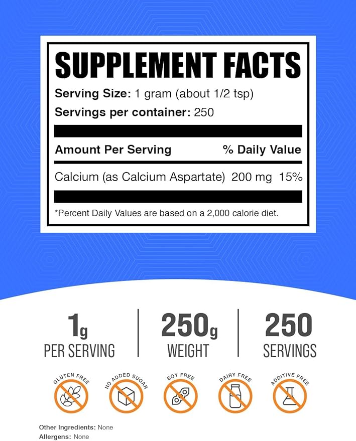 BulkSupplements.com Calcium Aspartate Powder - Calcium Supplement Powder, Essential Nutrient - Gluten Free, 1g per Serving, 250g (8.8 oz) (Pack of 1)