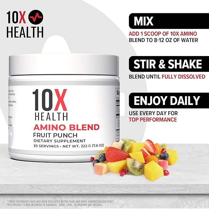 10X Health Amino Blend Fruit Punch - Contains EAA and BCAA Amino Acids Supplement - Essential Amino Acids Powder for Men and Women, Pre and Post-Workout Amino Energy Boost - 30 Servings