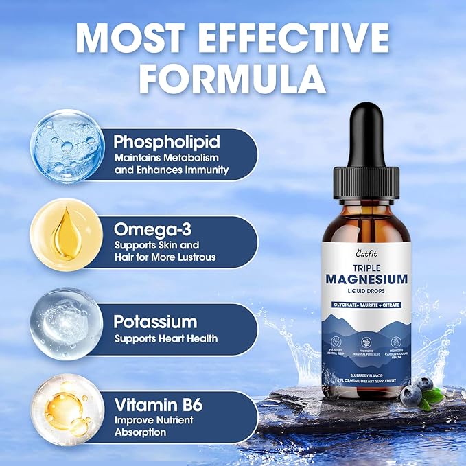 Magnesium Glycinate Liquid Drops 500mg with Taurate & Citrate for Women, Liquid Magnesium Supplement with Potassium & Omega3 for Sleep, Calm and Relax, High Absorption, Blueberry Flavor, 2 Fl Oz