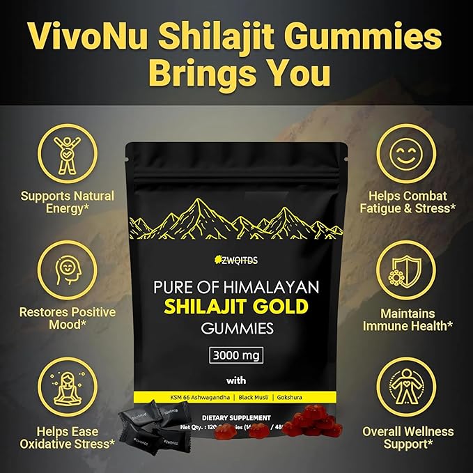 Shilajit Gummies with Ashwagandha & Turmeric - The Ultimate Organic, Vegan-Friendly Health Boost! Zero Sugar, Immunity Support for Men & Women - 120 Count! (Bag Pack)