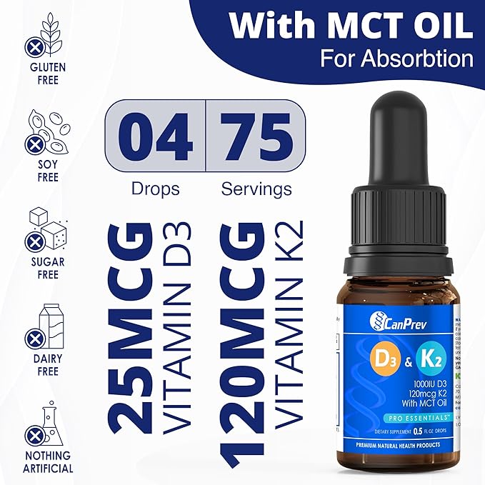 CanPrev D3 & K2 Drops - MCT Oil Base, 15ml Liquid Vitamin Supplement, 450 Drops with 250IU D3 & 30mcg MK-7 K2, Supports Strong Bones & Teeth, Easy-to-Take Formula, Free from Gluten, Dairy, Soy & Sugar