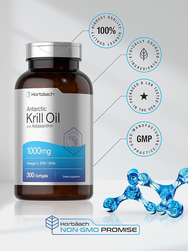Horbäach Antarctic Krill Oil 1000mg Softgels | 300 Count | Omega 3 Supplements with Astaxanthin, EPA, DHA | Non-GMO, Gluten Free
