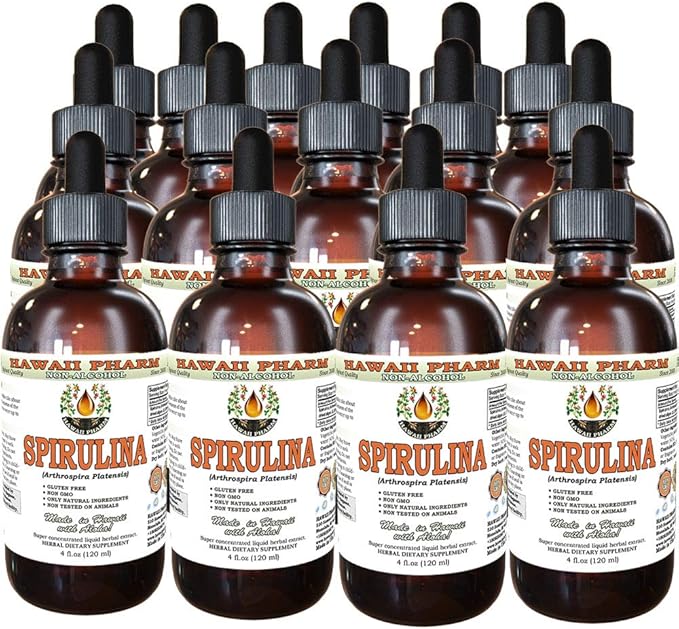 Spirulina Alcohol-Free Liquid Extract, Organic Spirulina (Arthrospira platensis) Dried Algae Glycerite Natural Herbal Supplement, Hawaii Pharm, USA 15x4 fl.oz