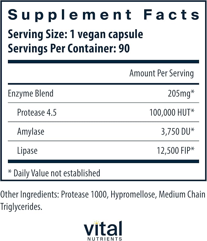 Vital Nutrients Vegan Pancreatic Enzymes - for Women & Men - Enzymes for Digestion Support Gut Health - Relief from Gas & Bloating - Gluten, Dairy, Soy Free - 90 Capsules