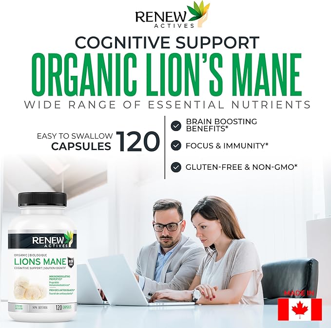 Renew Actives Premium Organic Lion's Mane Mushroom 1100MG per 2 Capsules - Supports Brain Function, Memory, Focus, Stress Relief & Immune Health, Non-GMO, Vegan - Made in Canada - 120 Capsules