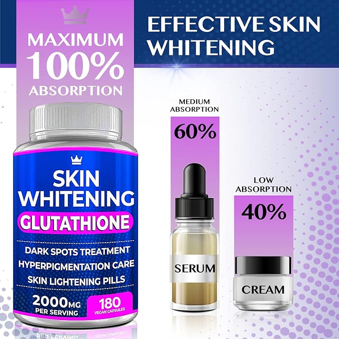 Glutathione Whitening Pills - 180 Capsules 2000mg Glutathione - Effective Skin Lightening Supplement - Dark Spots, Melasma & Acne Scar Remover, Hyperpigmentation Treatment - Anti-Aging Antioxidant