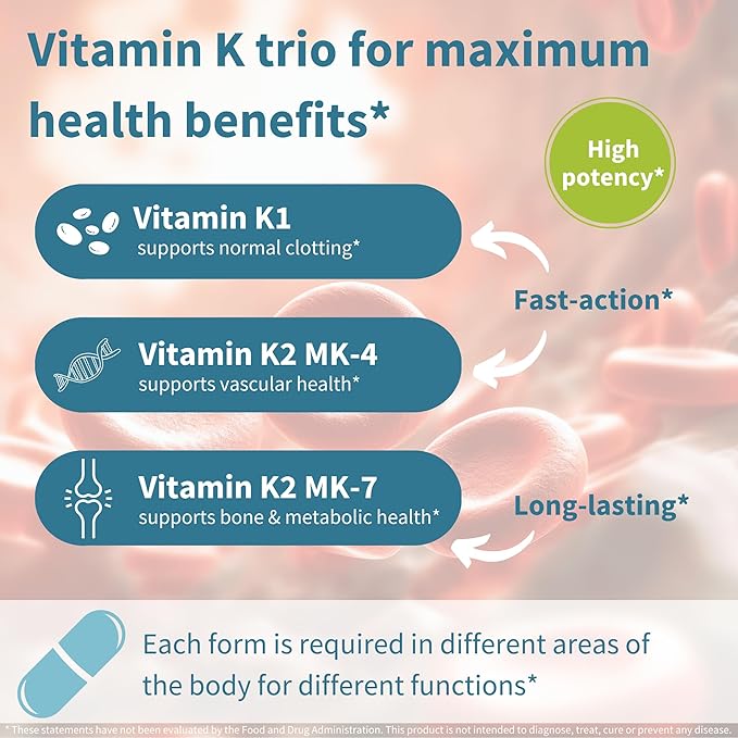 Igennus High Strength Triple Vitamin K Complex 2700 mcg, Vitamin K1 & K2 (MK-4 & MK-7), Advanced Bioactive Forms, Bone & Cardiovascular Support, Clean Label, Vegan, 90 Capsules