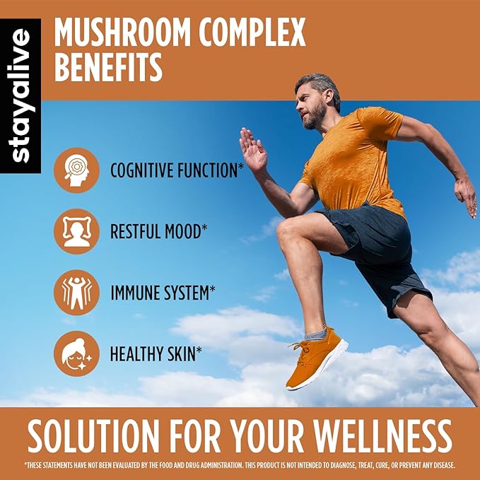 STAY ALIVE Mushroom Complex 1000mg, 6-in-1 Mushroom Supplement w/Lions Mane, Reishi, Chaga, Cordyceps, Maitake and Turkey Tail Extract Powder, 120 Vegan Pills, Non-GMO & Gluten Free Herbal Capsules