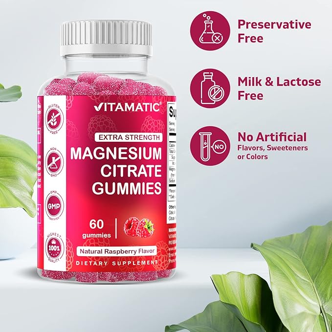 Vitamatic Extra Strength Magnesium Gummies – 255 mg Elemental Magnesium per Serving – 60 Gummies (2-Pack) Supports Relaxation, Muscle Function, Bone Health & Energy – Vegan, Non-GMO, Gluten-Free