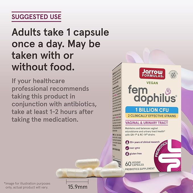 Jarrow Formulas Fem-Dophilus Probiotics 1 Billion CFU With 2 Clinically Effective Strains, Dietary Supplement for Vaginal Health and Urinary Tract Health, 60 Veggie Capsules, 60 Day Supply