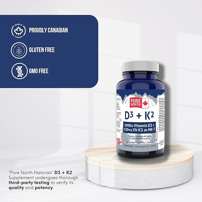 D3 + K2 Vitamin Supplement 180 Softgels - 6 Months Support, D3 1000IU + K2 MK7 120mcg with Organic Coconut Oil for Optimal Absorption - 3rd Party Tested & Proudly Canadian