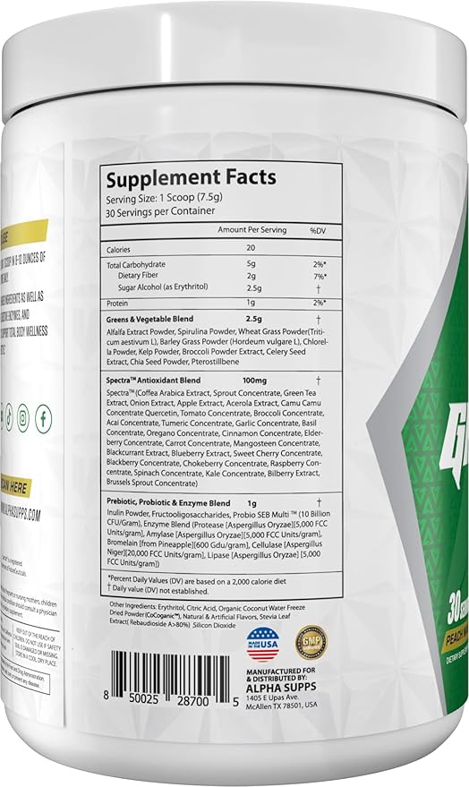Alpha Greens Supplement | Fruit & Vegetable Superfood Powder | Over 40 Natural Plant Based Ingredients | Prebiotic & Probiotic Digestive Support Blend - 30 Servings (Peach Mango)