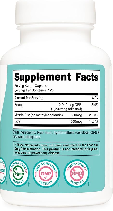 Nutricost Folic Acid for Women (Vitamin B9) 1200 mcg, 120 Capsules, with B12 and Biotin, Veggie Caps, Non-GMO & Gluten Free
