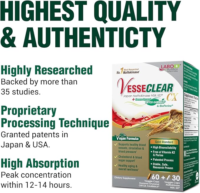 LABO Nutrition VesseCLEAR CX: Nattokinase NSK-SD + Gamma Oryzanol for Clean Blood Vessel & Healthy Ageing, Japan's Most Clinically Studied, For Healthy Cholesterol, Heart, Vegan, Acid-Resistant, 60sx3