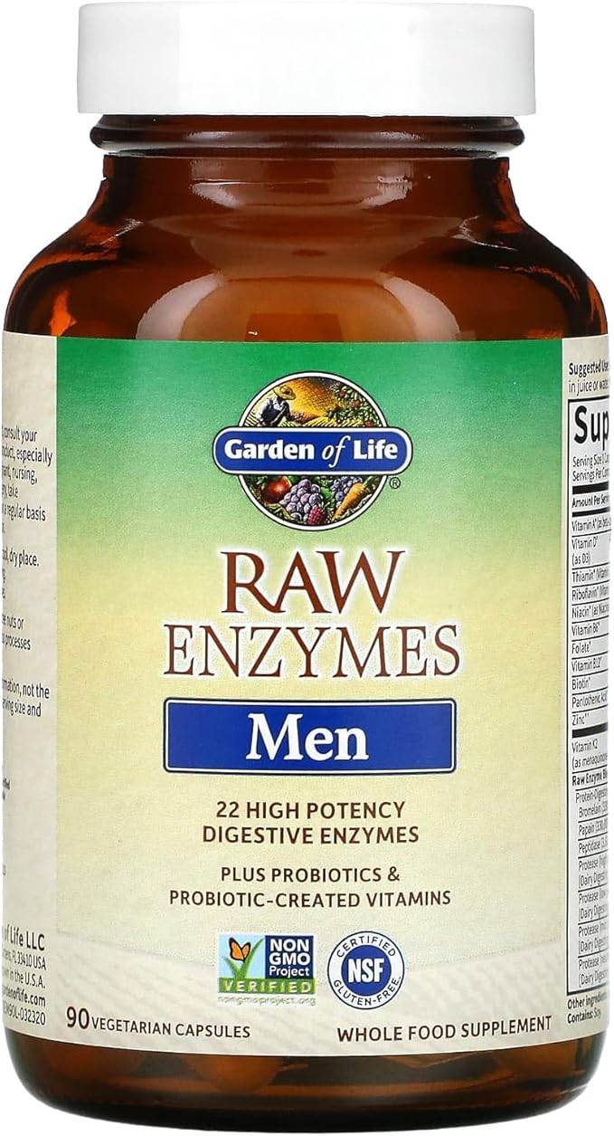 Garden of Life 22 Digestive Enzymes for Men with Bromelain, Papain & Lactase Plus Probiotics & Whole Food Vitamins B12, Biotin & Zinc – RAW Enzymes – Non-GMO, Gluten-Free, Vegetarian, 90 Capsules
