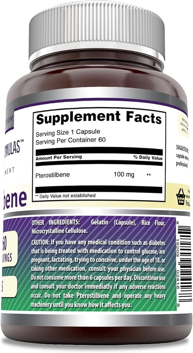Amazing Formulas Pterostilbene Supplement | 100 Mg per Serving | 60 Capsules | Non-GMO | Gluten Free | Made in USA