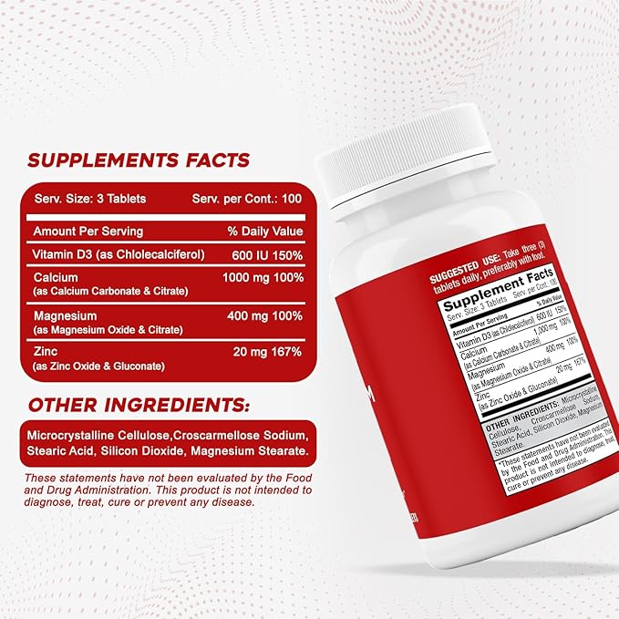Safrel Calcium Magnesium Zinc with Vitamin D3, 300 Tablets - Calcium 1000 mg, Magnesium 400 mg, Zinc 20 mg & D3 600 IU per Serving