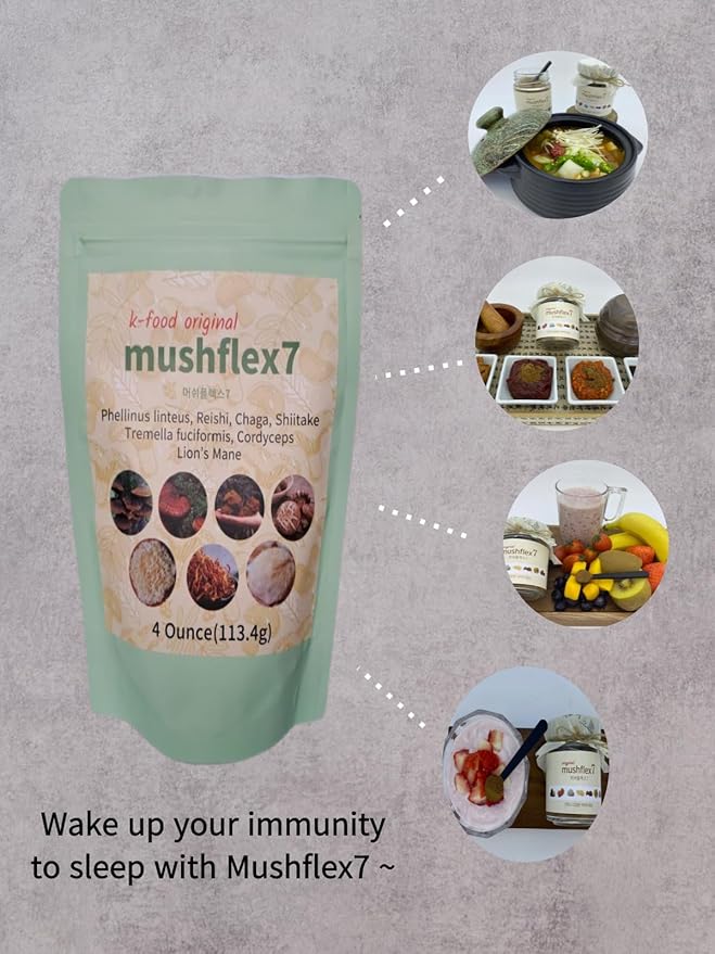 K-Food 7 Mushroom Powder Supplement with Phellinus linteus, Red Reishi, Lion’s Mane, Cordyceps, Chaga, Shiitake, Tremella fuciformis, Production of Korea – 4 Ounce