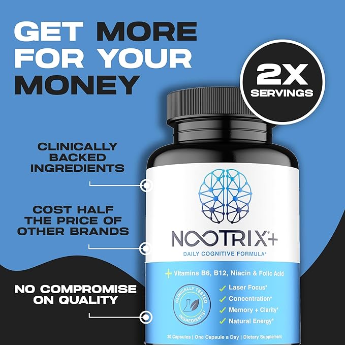 Brain Plus Nootropic Supplement | Supports Memory, Mental Focus, Cognitive Health & Energy | Promotes Healthy Mood & Brain Function | Vitamin B1, Vitamin B6 & Vitamin B12 | 30 Capsules