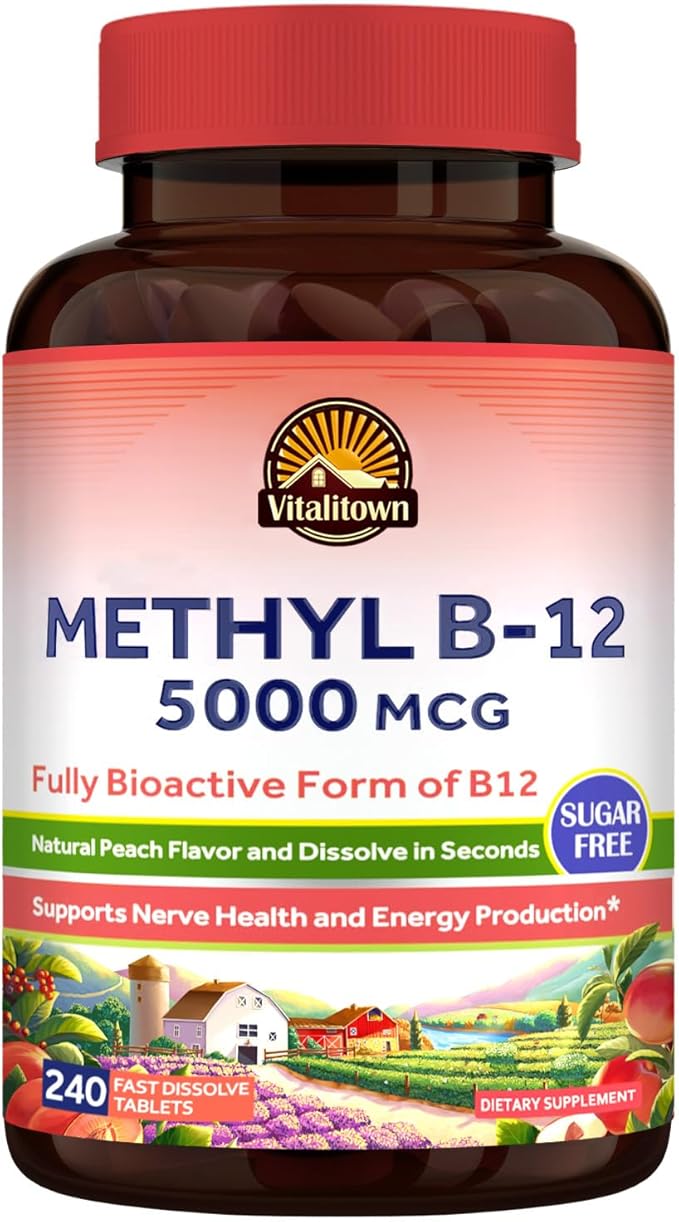 Vitalitown Vitamin B12 (Methyl B12) 5000 mcg, Fully Bioactive Form, Support Energy Production, Natural Peach Flavor, Zero Sugar, 240 Fast Dissolve Tablets