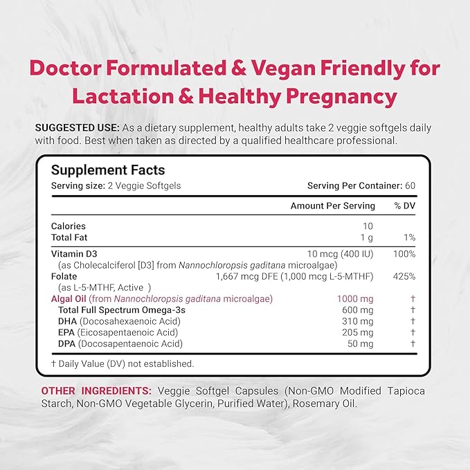 Vegan Prenatal with Full Specrum Omega-3 | Algae DHA, EPA, DPA, Vitamin D3 & Active Folic L 5-MTHF | Vegan Society Certified, Sustainably Sourced, Non-GMO & Soy Free | 120 Veggie Softgels