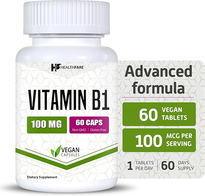 Vitamin B1 100mg | 60 Capsules | Thiamine Supplement | Supports Overall Health | Non-GMO | Gluten Free (60 Capsules)