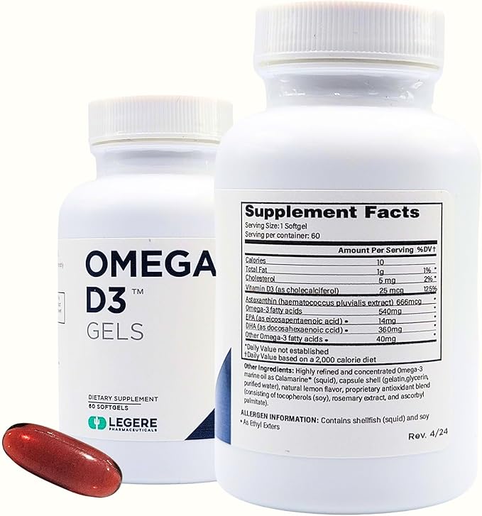 Legere Pharmaceuticals Proform Omega-3 Fish Oil, D3 Gels with Astaxanthin with Calamarine.
