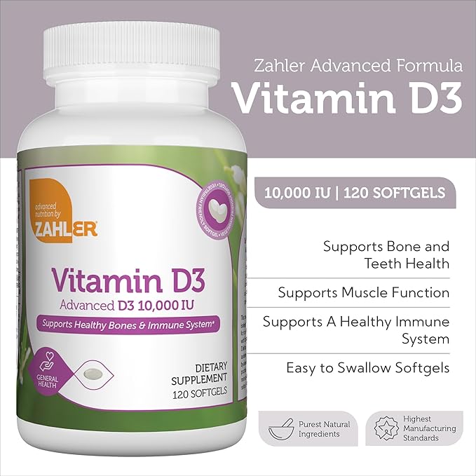 Zahler - Advanced Vitamin D3 10,000 IU Softgels (120 Count) Kosher Vegetarian Friendly Vitamin D for Immune Support, Bone, Teeth & Muscle Health - Daily D3 Vitamin Supplement for Adults - Easy Swallow