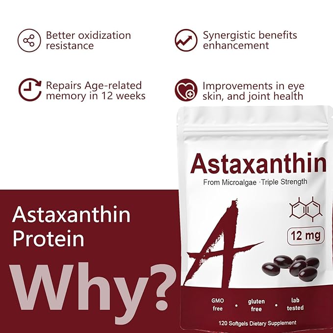 Astaxanthin 12mg, Organic Astaxanthin Antioxidant Supplements For Tanning, Skin, Eye, Joint Health, 120 Softgels