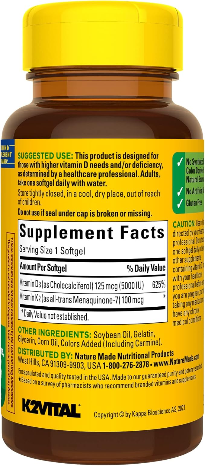 Nature Made Vitamin D3 K2, 5000 IU (125 mcg) Vitamin D, Dietary Supplement for Bone, Teeth, Muscle and Immune Health Support, 30 Softgels, 30 Day Supply (Pack of 2)