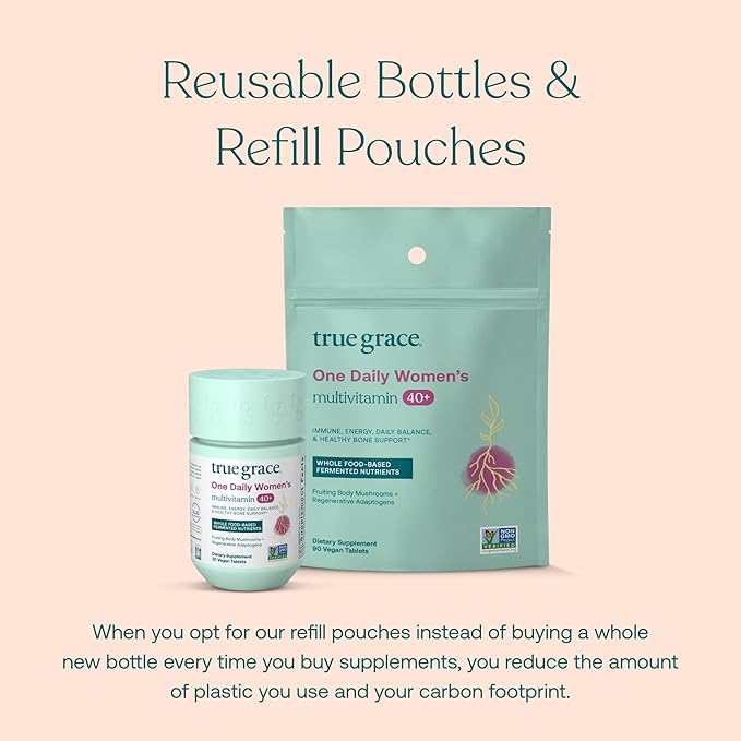 True Grace One Daily Women’s Multivitamin 40+ Fermented Minerals, Organic Adaptogens & Mushrooms Energy, Immune, Bone Support - Non-GMO - Iron, Gluten & Soy Free - 30 Vegan Tablets