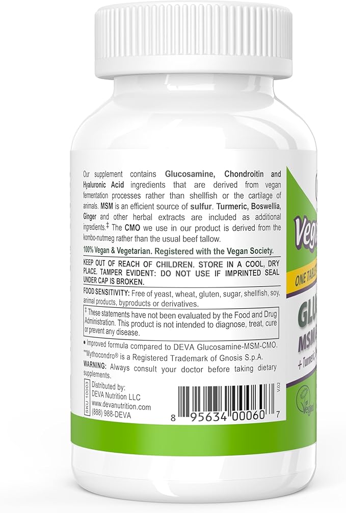 DEVA Vegan Glucosamine MSM & Chondroitin + Turmeric, CMO, Boswellia, Hyaluronic Acid & More, Improved Non-Animal Formula, 90 Tablets