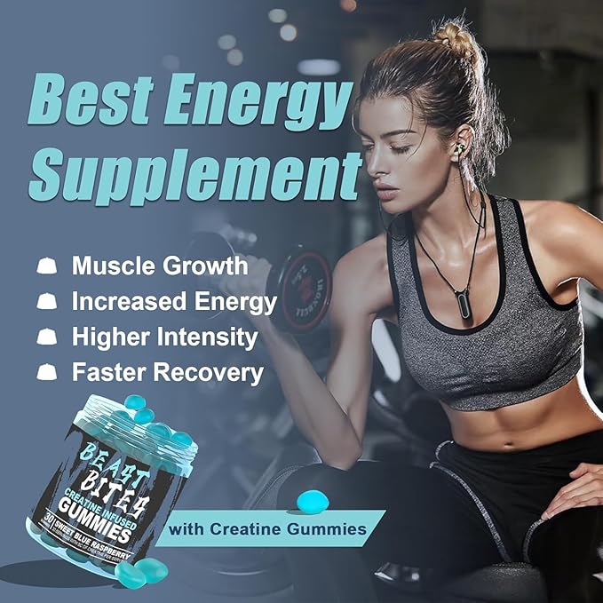 5g Creatine Monohydrate Per Serving - No Sugar or Artificial Colors - Low-Calorie, Vegan & Halal - Blue Raspberry Flavor - 30 Gummies (2PCS)