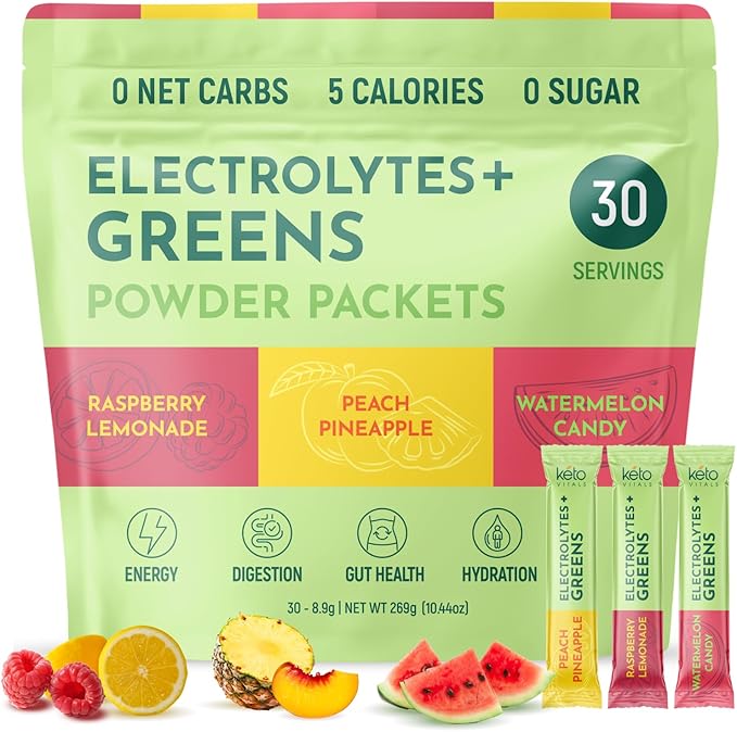 Keto Vitals Keto Electrolytes Plus Greens Superfood Powder Packets - 30 Servings Sugar Free Electrolytes Supplement for Hydration, Energy, Gut Health & Digestion - Super Greens Powder for Hydration
