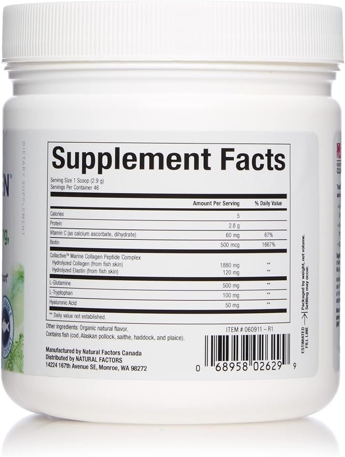 Natural Factors Total Body Marine Collagen, Bioactive Peptides Powder for Healthy Skin, Hair & Joints, Unflavored, 4.8 Oz