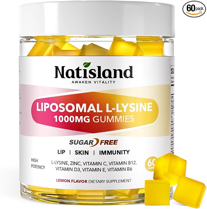 Liposomal L-Lysine Gummies 1000mg, Lysine Chewable Supplements for Kids & Adults, Lysine with Zinc & Vitamins, Lips & Oral Health, Immune Support, Sugar-Free, Lemon Flavor, 60 Ct