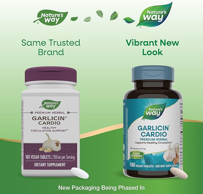 Nature's Way Garlicin Cardio, Premium Herbal, Supports Healthy Circulation*, No Garlic Taste, Vegan, 180 Tablets (Packaging May Vary)