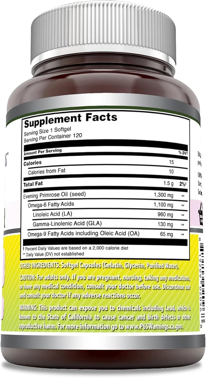 Amazing Formulas Evening Primrose Oil 1300mg, 10% GLA, Softgels Supplement | Hexane Free Cold Pressed Oil | Non-GMO | Gluten Free (120 Count)