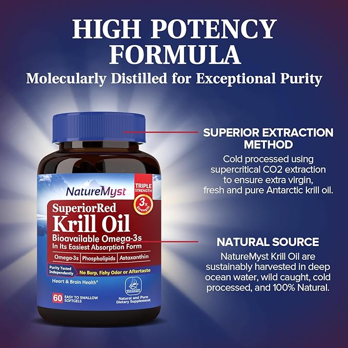 Antarctic Krill Oil 1000 mg Softgels, Krill Oil Omega-3s, EPA, DHA, Astaxanthin & Phospholipids, Brain, Heart Health, 60 Softgels, Non-GMO, No Gluten, Made in The USA