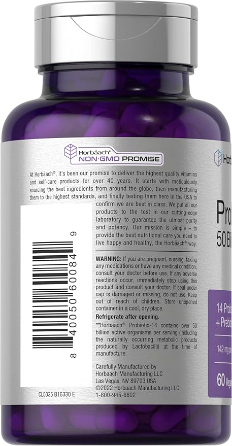 Horbaach Probiotics for Women and Men | 60 Capsules | 14 Probiotic Strains with Prebiotic | 50 Billion Active Organisms | Non-GMO & Gluten Free Supplement