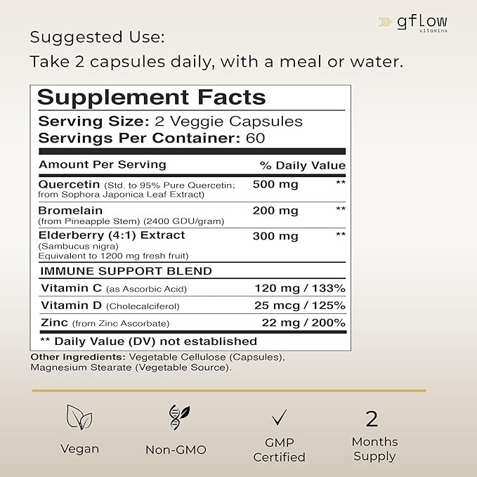 Quercetin with Vitamin C and Zinc - 500mg - Quercetin with Bromelain - Zinc Quercetin - 120 Veggie Caps - Elderberry with zinc and Vitamin c for Adults (Non-GMO, Vegan) 2 Months Supply